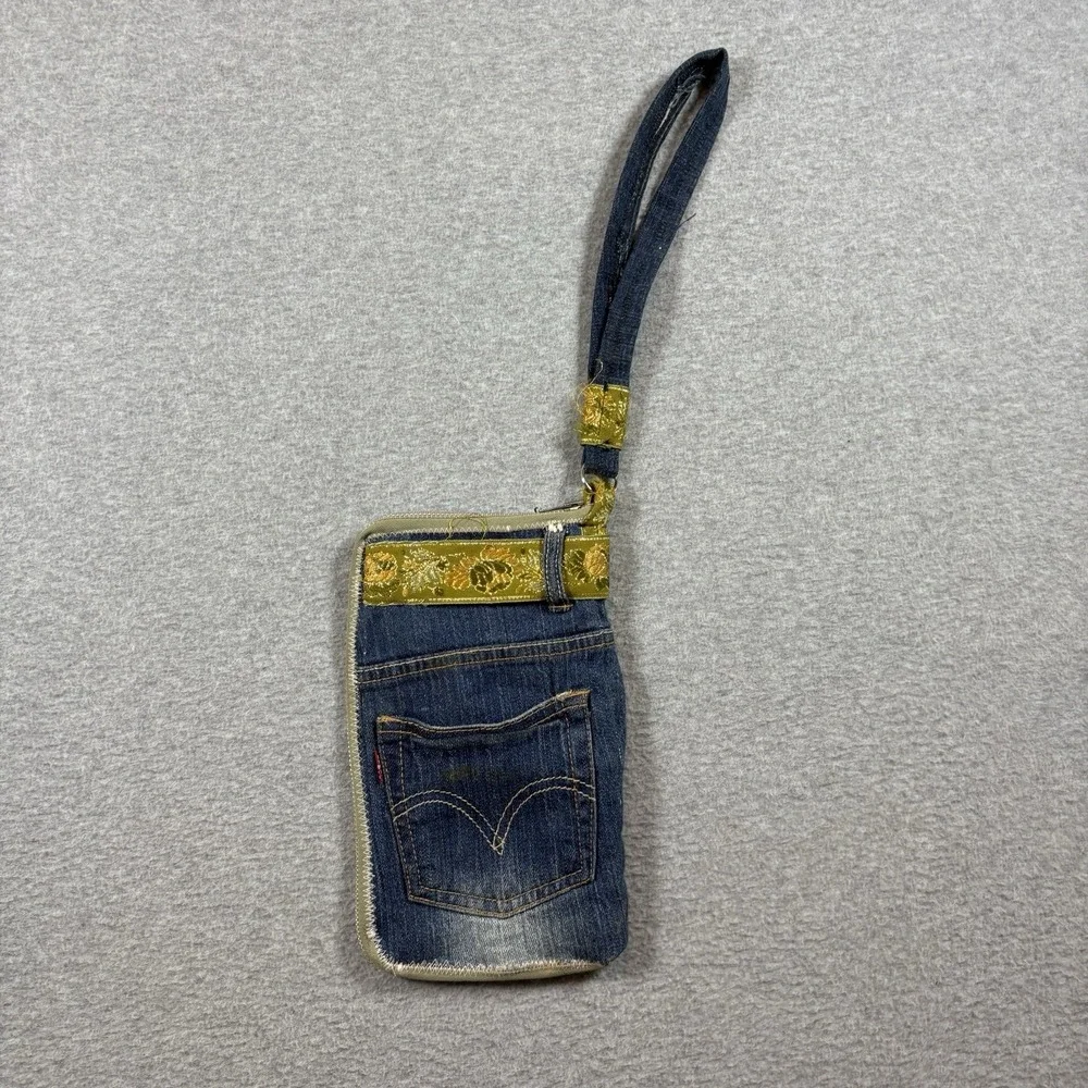 Vintage Upcycled Levis Denim Wristlet Wallet Zip Pouch Handmade Boho Floral